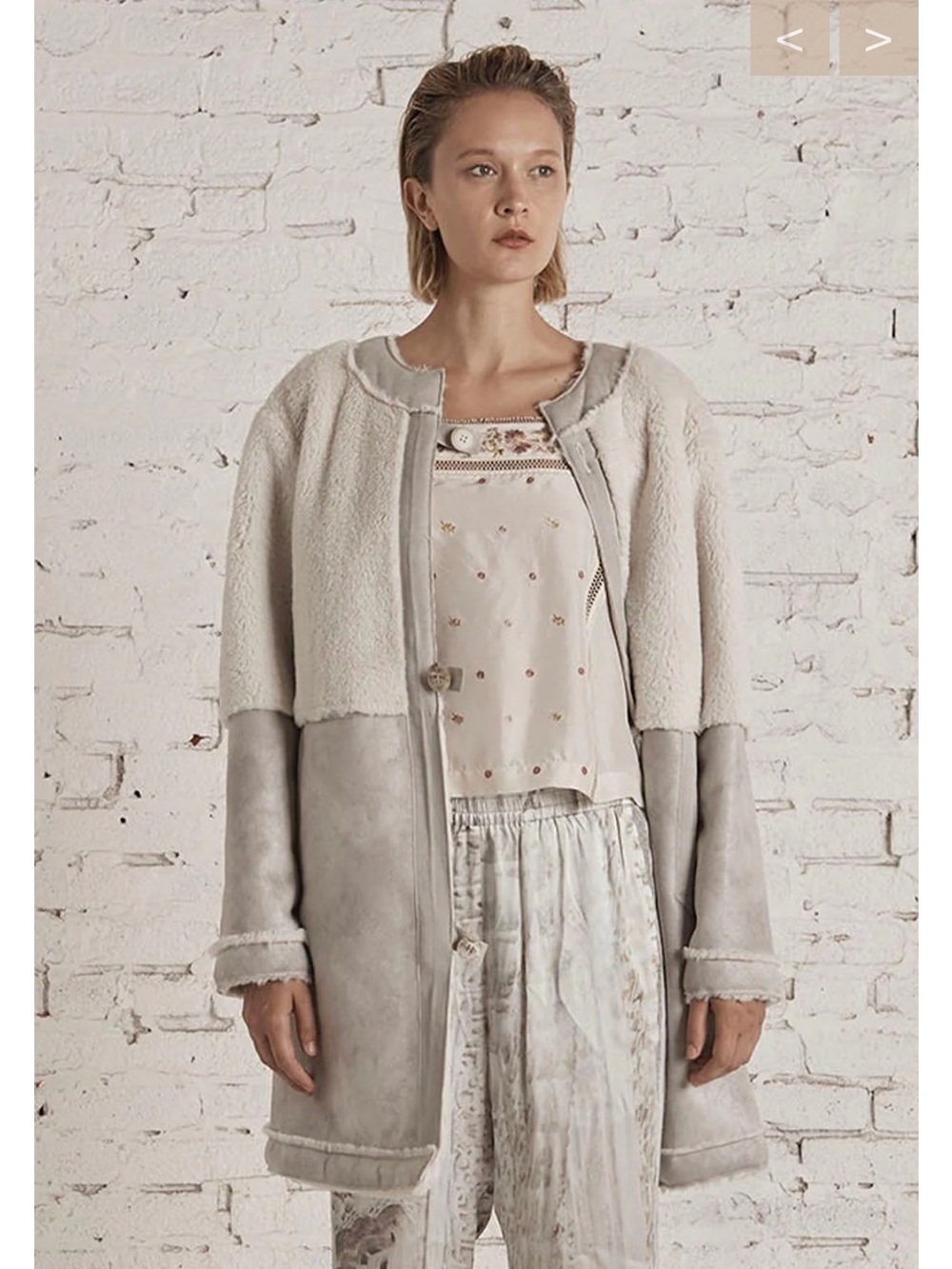 Burning Torch Two-Tone Cream and Light Gray Shearling Trench Coat